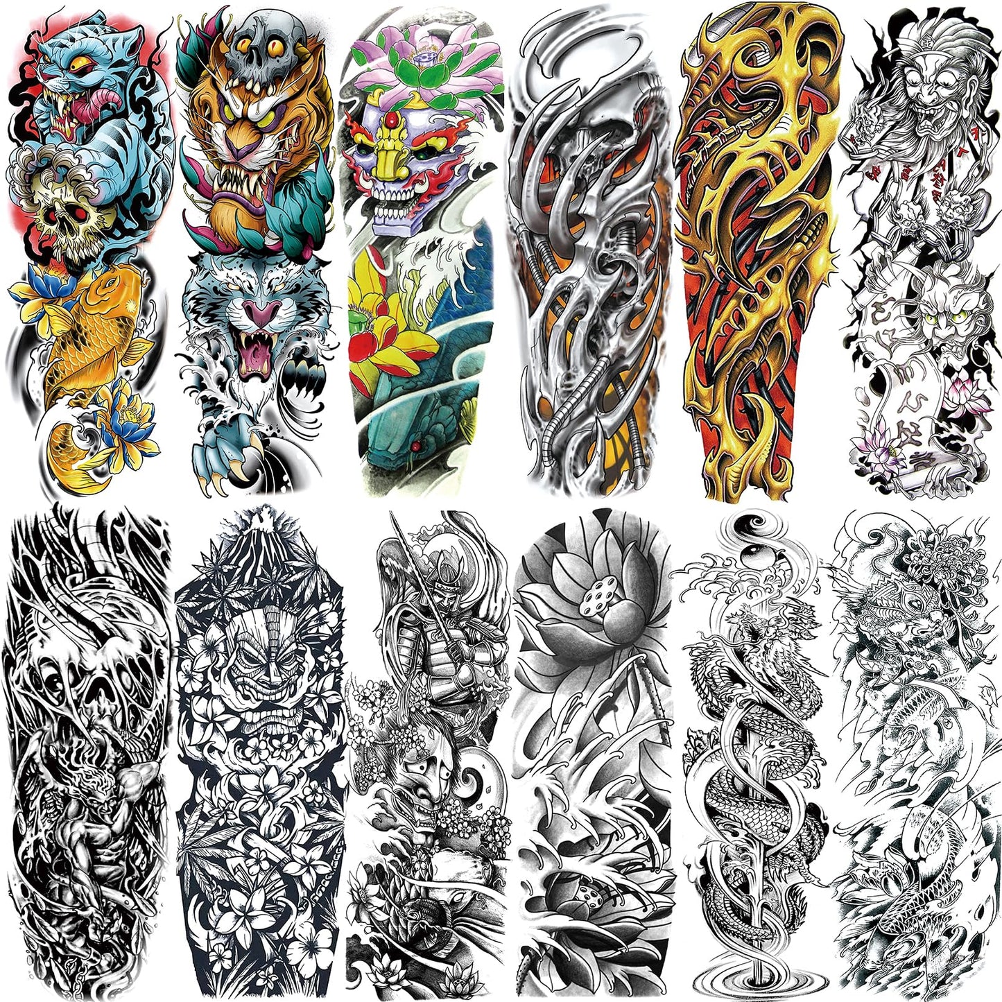 12 Sheets Full Arm Temporary Tattoos Adults, Waterproof Japanese Tiger Samurai Skull Sleeve Tattoos, KOI Dragon Lotus Fake Tattoo Kits for Cosplay BBQ Pool Beach Party