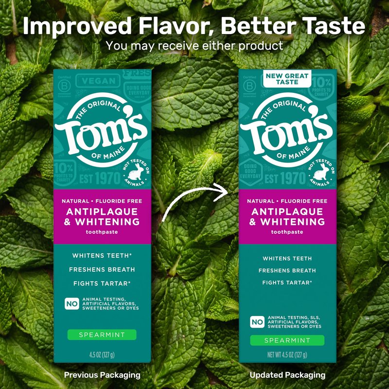 Tom’s of Maine Antiplaque and Whitening Toothpaste, 3 Pack, Natural Fluoride Free Toothpaste, SLS Free Formula, Helps Whiten Teeth and Fights Tartar, Gluten Free, Spearmint, 4.5 oz