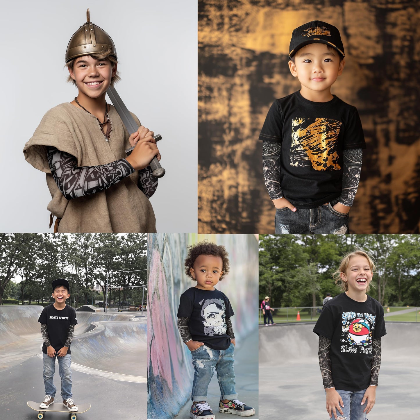 Kids full arm temporary tattoos sleeves | 3 PCS fake tattoo for Rockstar Viking Pirate Hawaiian Samoan Tribal Fancy Dress | for Boys & Girls 5 year to teens | Halloween Party