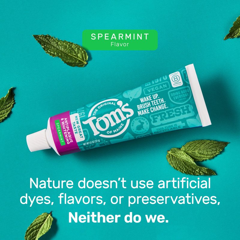 Tom’s of Maine Antiplaque and Whitening Toothpaste, 3 Pack, Natural Fluoride Free Toothpaste, SLS Free Formula, Helps Whiten Teeth and Fights Tartar, Gluten Free, Spearmint, 4.5 oz