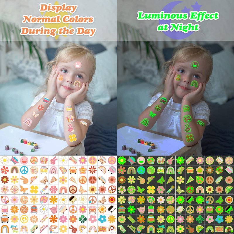 96PCS One Two Groovy 60s 70s Pre-Cut Luminous Temporary Tattoos for Kids Birthday Theme Party Supplies Decorations Favors Decor Super Cute Retro Hippie Rainbow Tattoo Stickers Gifts for Girls Boys