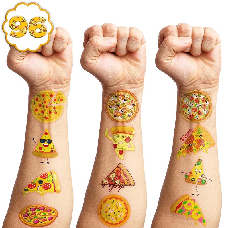 Pizza Temporary Tattoos - 102 PCS Cute Pie Slice Stickers for Birthday Party Favors | Fun Fast Food Décor for Kids