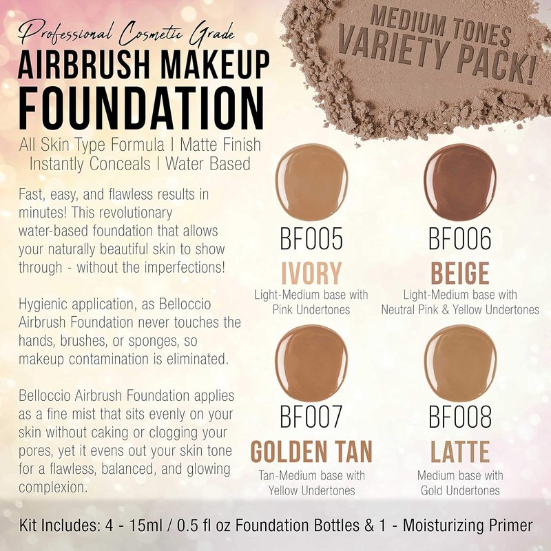 Belloccio Medium Color Shade Foundation Set - Professional Airbrush Makeup | 1/2 oz Bottles