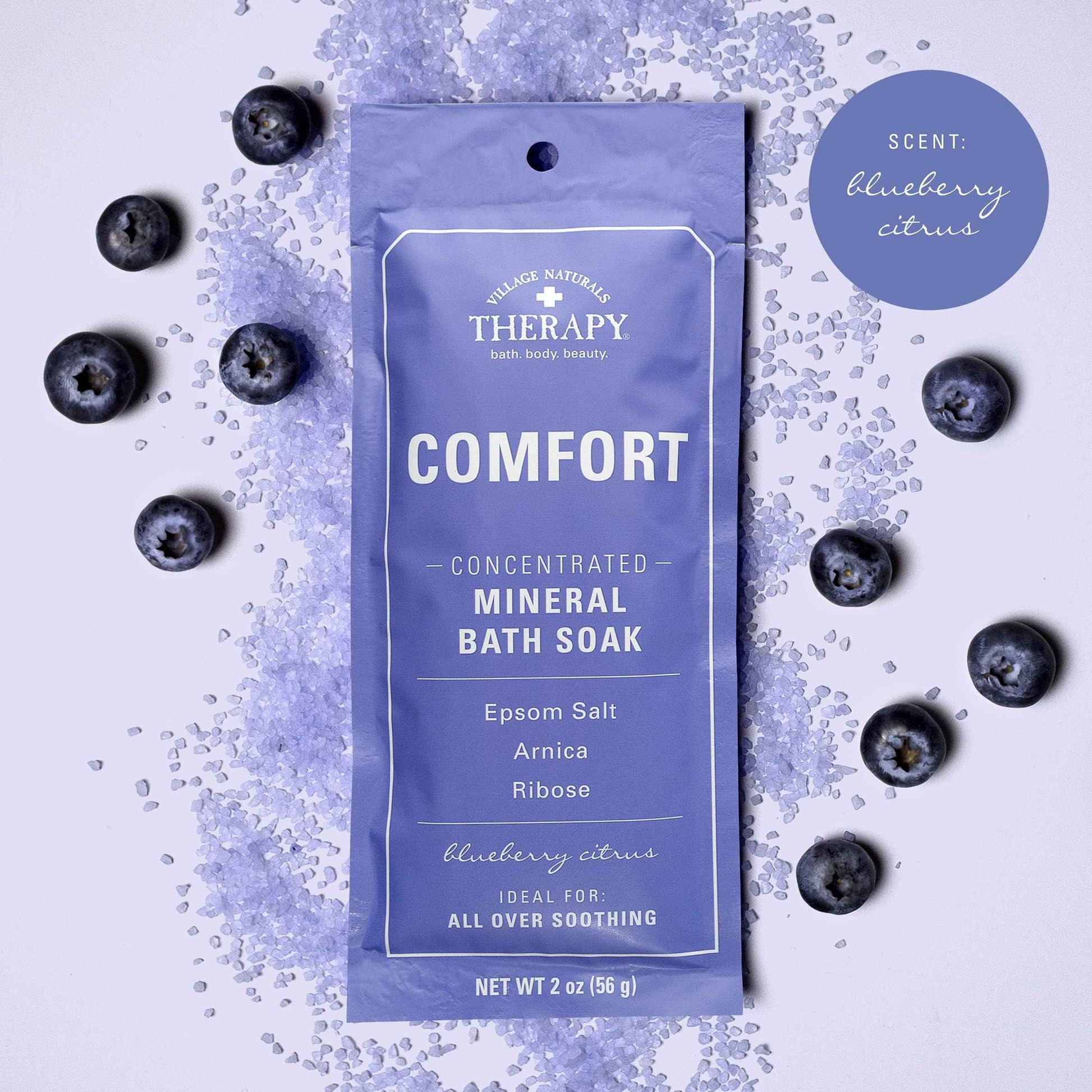 Village Naturals Therapy, Comfort Concentrated Mineral Bath Soak, Blueberry Citrus, 2 Oz, Pack of 12