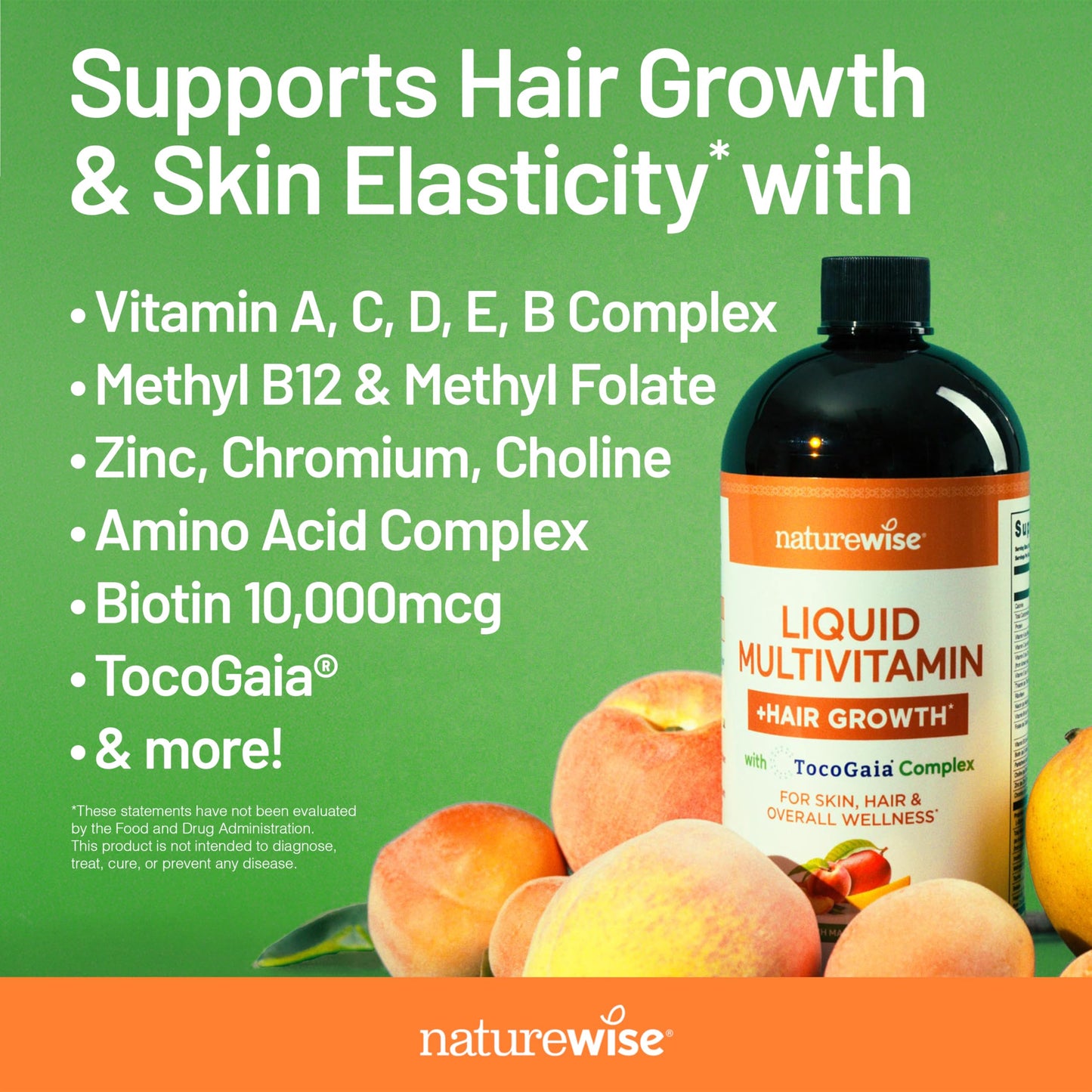 NatureWise Liquid Multivitamin Hair Growth for Women & Men + Tocogaia® for Hair Growth & Skin Elasticity Support + Biotin, Vitamin D, E, B - Sugar Free Multivitamin, Vegan - 15 fl oz[15 Servings]
