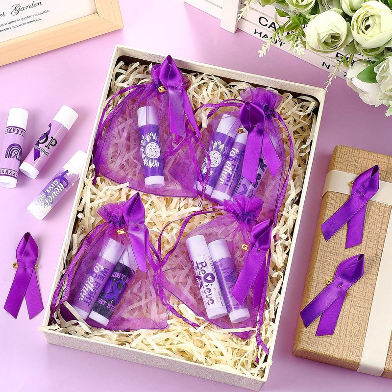 Linyuthia 50 Set Purple Ribbon Awareness Lip Balms Gifts 50 Organza Bags 50 Purple Awareness Ribbon Pins Raise Awareness for Domestic Violence Pancreatic Cancer Lupus Alzheimer's Overdose Awareness