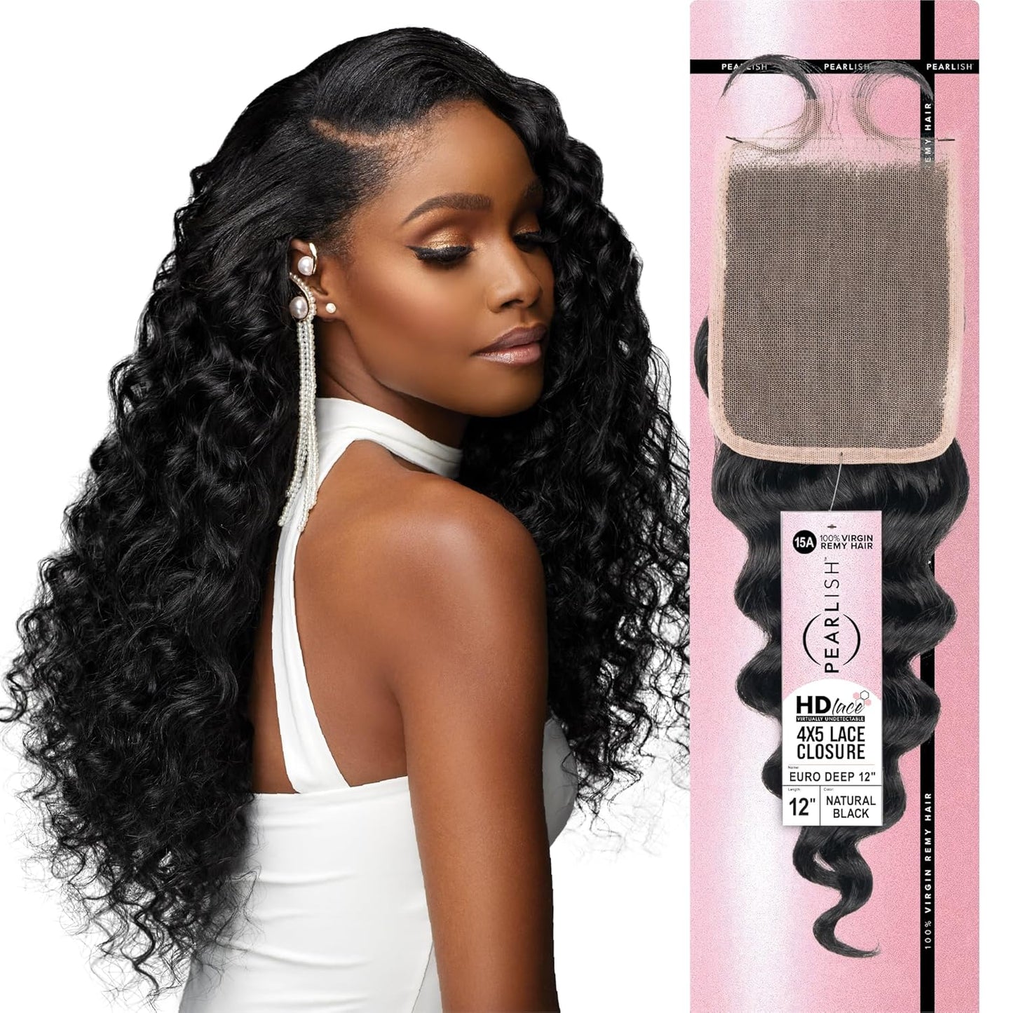 Sensationnel Pearlish Bundle - 4x5 Closure Euro Deep 12 Inch HD Lace Human Hair Weave | Soft Remy Natural Black