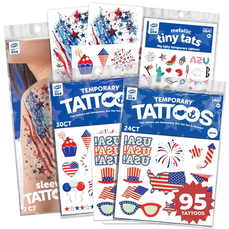 Fourth of July - America Temporary Tattoos, American Flag Arm Sleeve Tattoos & Freckle Tattoos, Red White and Blue Arm Stickers, 4th of July, USA Party Favors (Fourth of July 95pk)