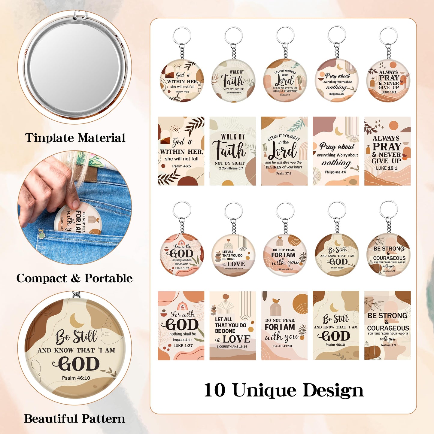 Y1tvei Christian Gifts Mirror Keychains Bulk - 120Pcs Boho Bible Verse Mini Compact Mirrors Inspirational Cards Small Round Portable Pocket Makeup Mirrors for Purse Prayer Church Party Favors Birthday