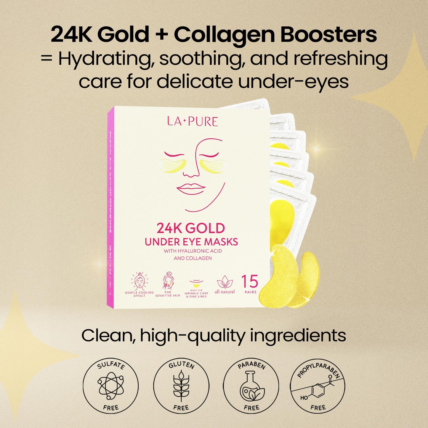 LA PURE Collagen Boosting Eye Mask Patches Under Eye Patches for Puffy Eyes Hyaluronic Acid Dark Circles Bags Lines Anti Wrinkles Anti Aging Hydrating Moisturizing Brightening Eye Gels 15ct