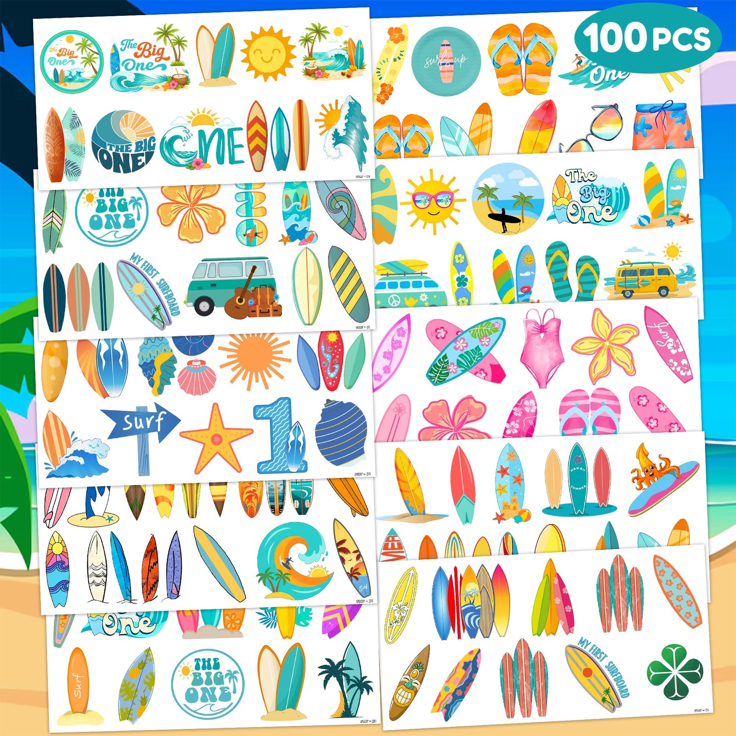 Cute Surfing Temporary Tattoos - The Big One Surf Birthday Party Favors & Supplies - Summer Beach Themed Stickers - 10 Sheets, 100 PCS Gifts for Kids Boys Girls