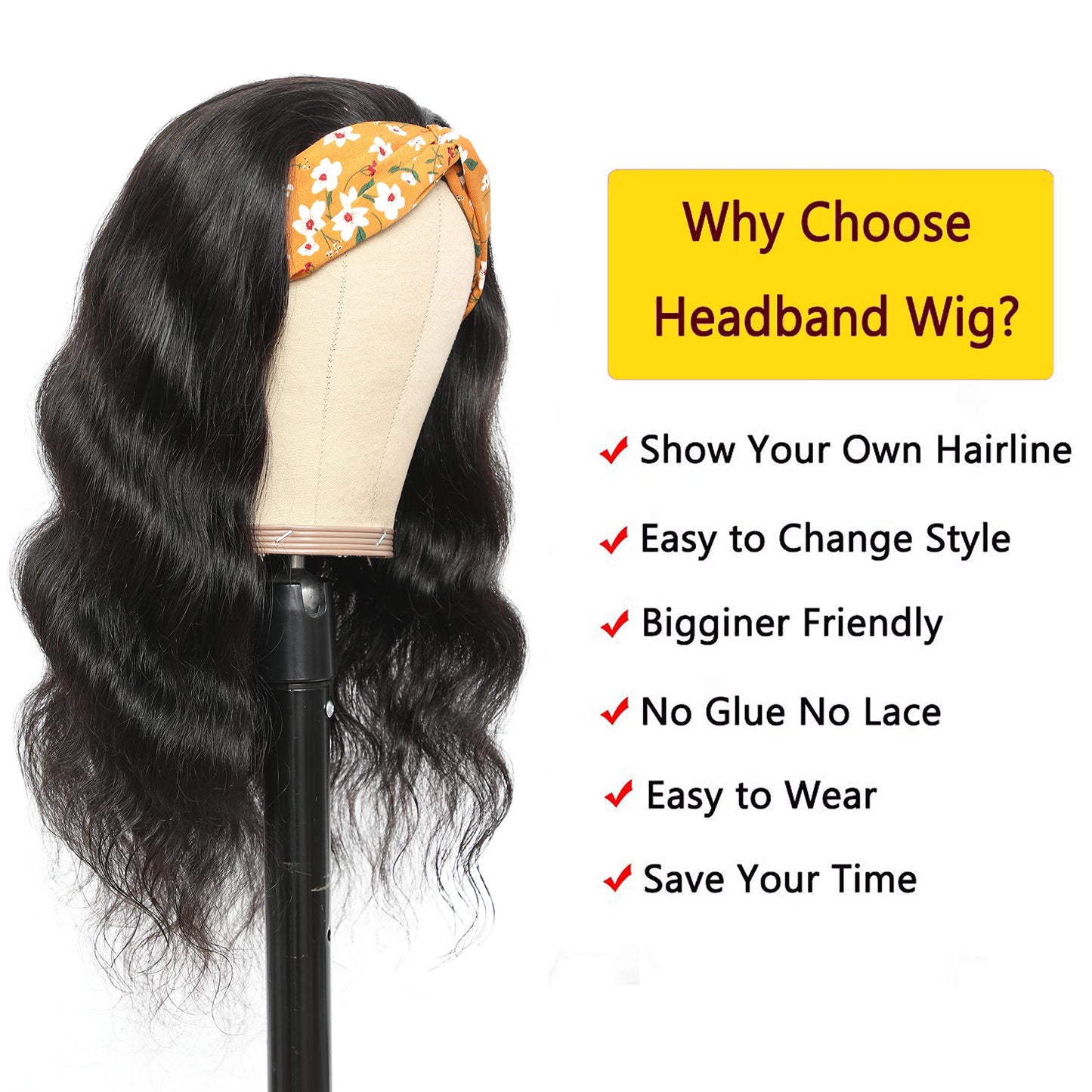 Miss Lee Headband Wig Body Wave Human Hair Headband Wigs For Black Women 12inch 150% Density Natural Black （12inch,Headband wig）