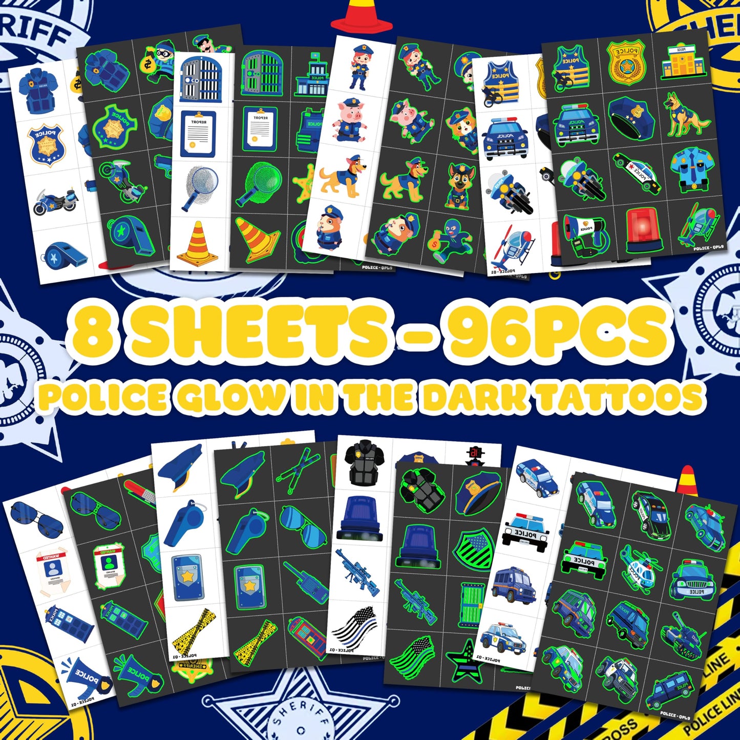 96 PCS Police Car Police Officer Policeman Pre-Cut Luminous Glow in the dark Temporary Tattoos for Kids | Super Cute Theme Birthday Party Favors Supplies Decorations, Fake Tattoos Gifts for Boys Girls