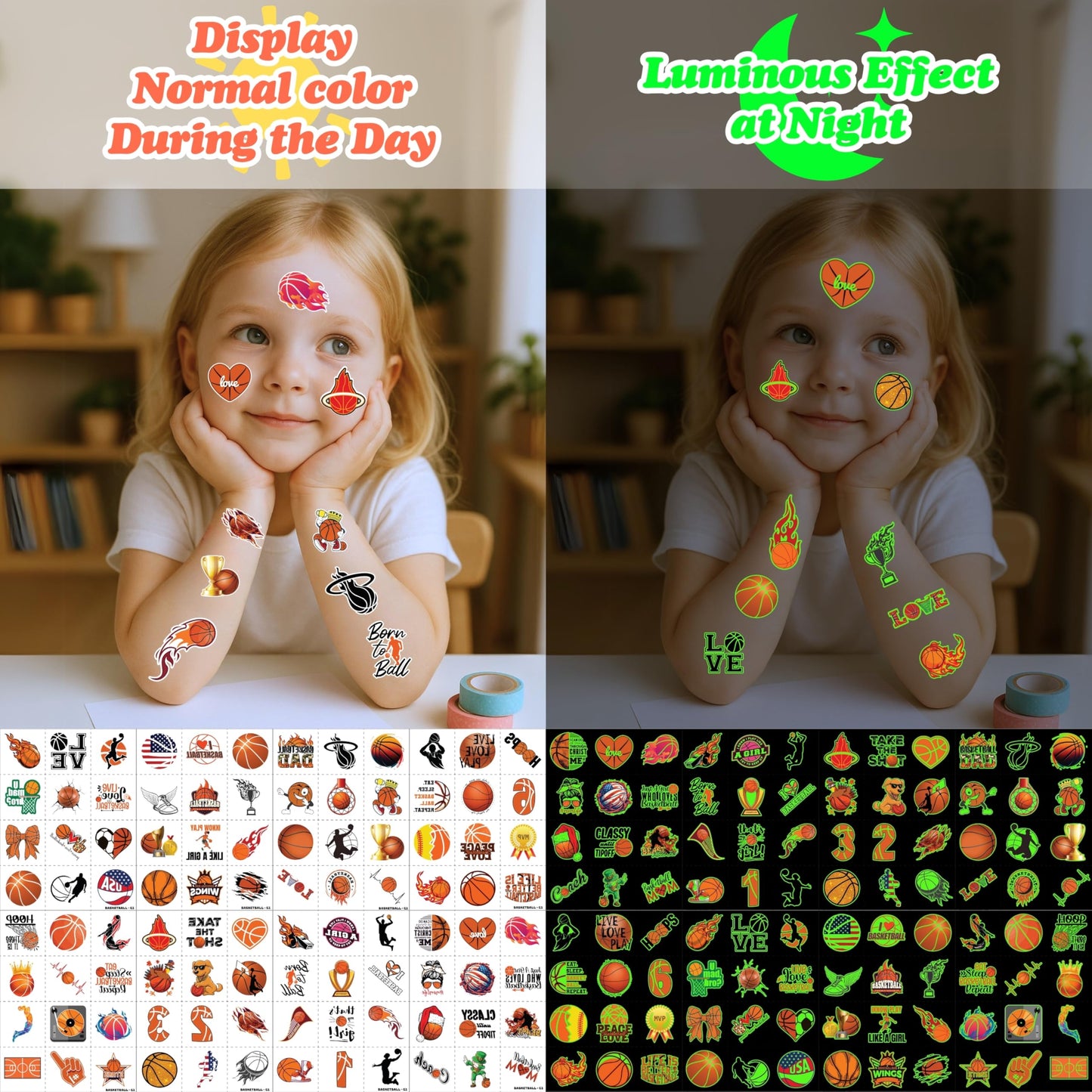 Basketball Temporary Pre - cut Tattoos - Olympic MVP Sports Game -Themed Stickers for Kids' Birthday Party Supplies, Decorations, Favors, and Prizes - Cute Gifts for Boys and Girls (Glow in the dark)