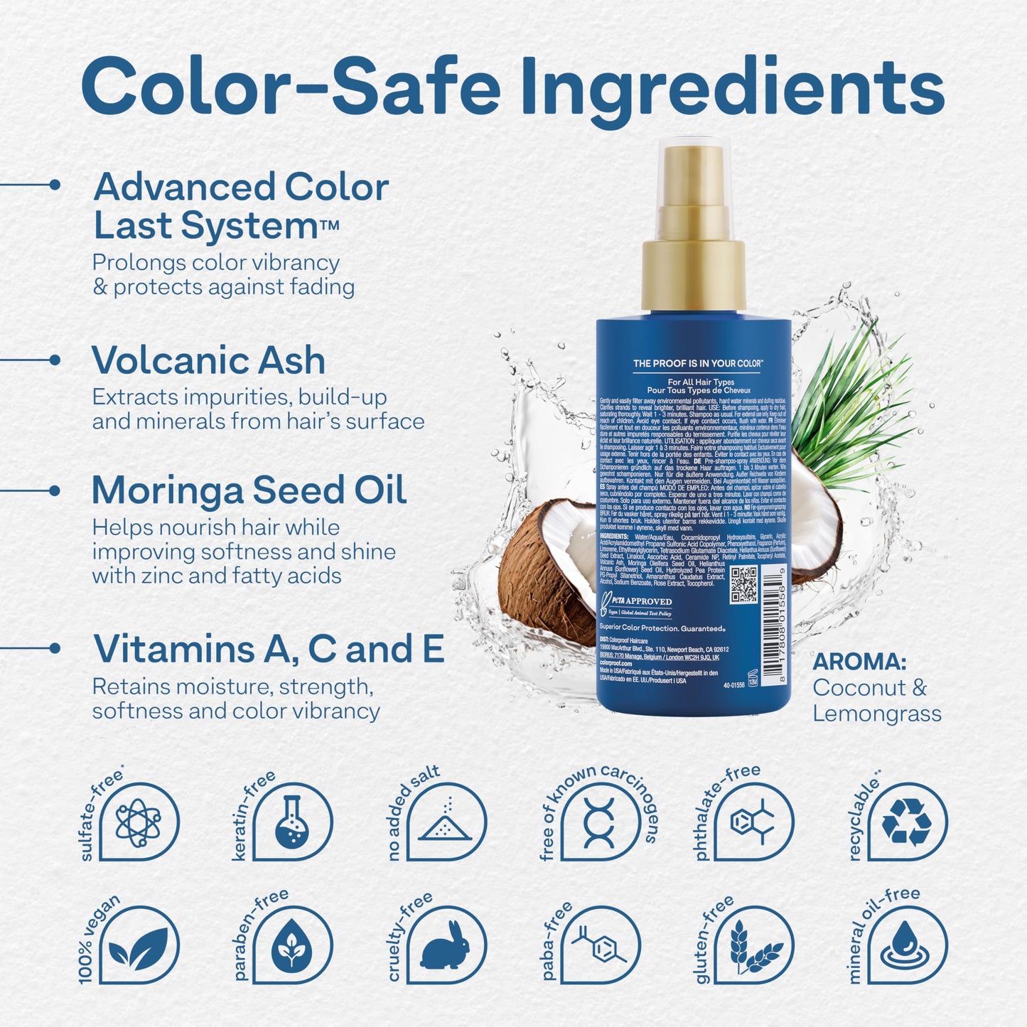 Colorproof Hair Pre-Tox Spray 6.7 Fl. Oz. Rapid Clarifying Pre Shampoo Spray with Color Protection, Coconut & Lemongrass Scent