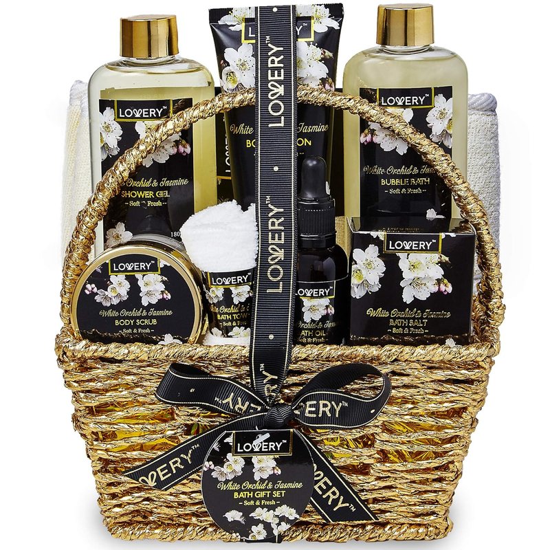 Mother's Day Gift Basket - Orchid & Jasmine Spa Set with Body Scrubs, Lotions & Oils | 9-Piece Care Package for Mom