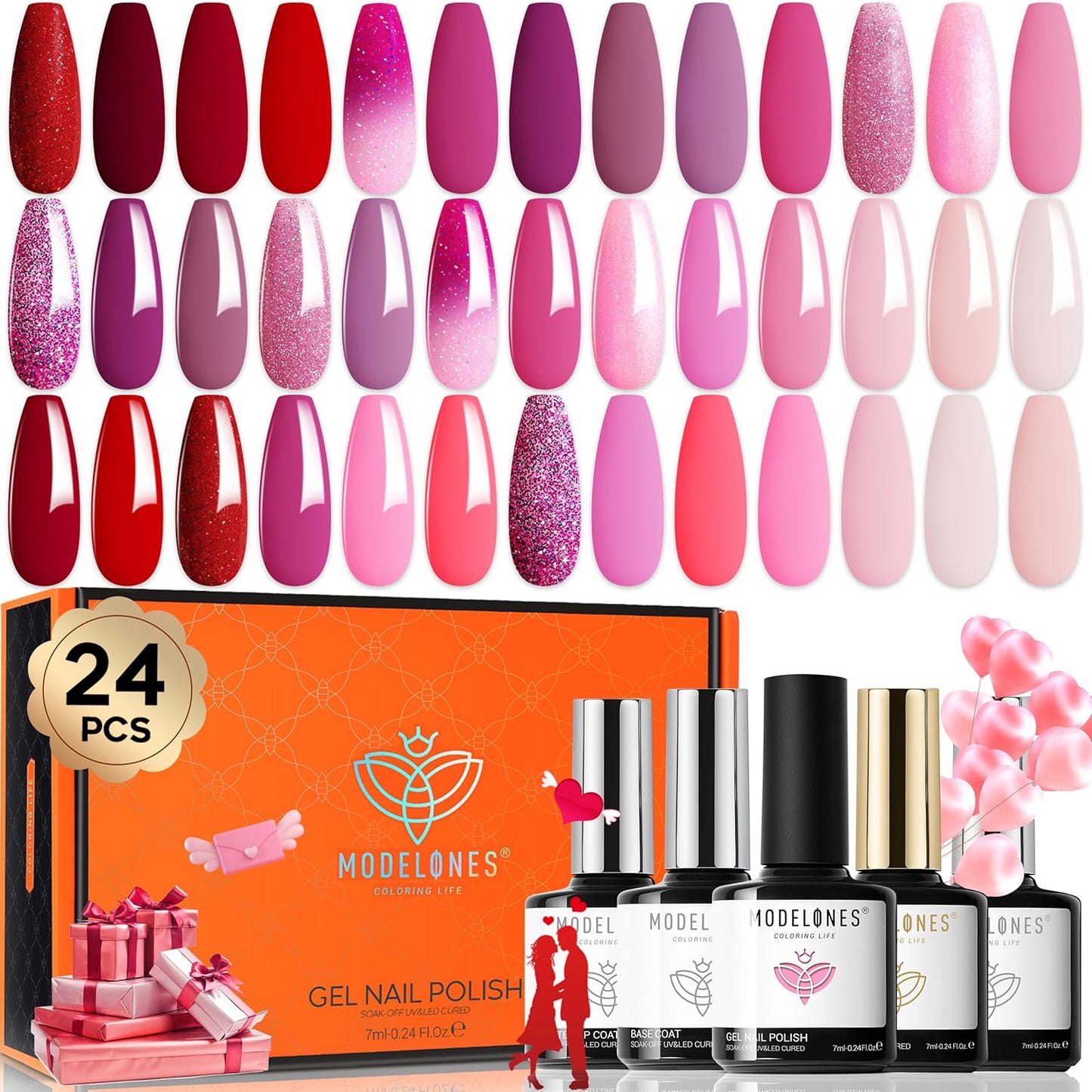 Modelones Gel Nail Polish Kit - 24 Pcs Hot Pink & Red Glitter | Soak Off Gel, Glossy & Matte Top Coat, Nail Art Gifts