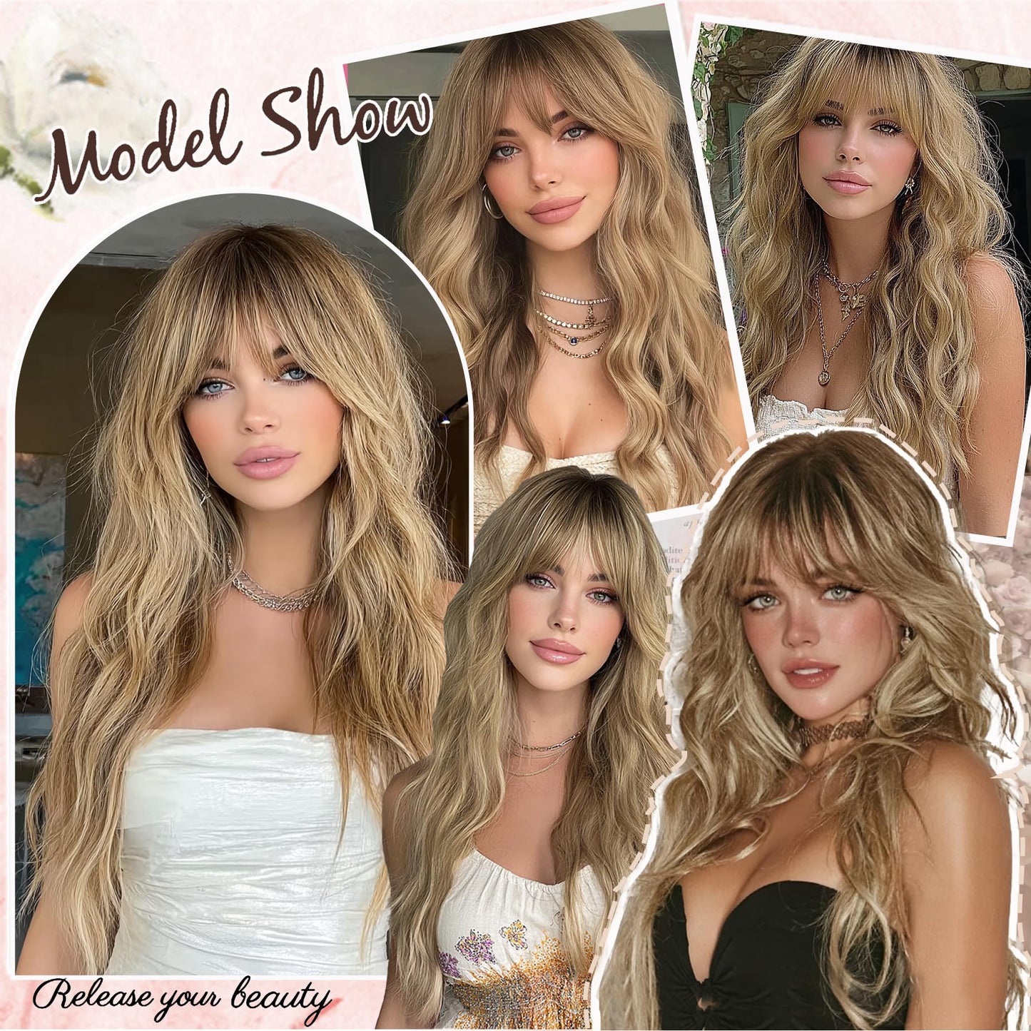 Ombre Blonde Wig with Bangs Long Wavy Wig Curly Wigs for White Women 26 Inches Synthetic Wig Dirty Blonde Wig with Dark Roots Natural Looking Hair Replacement Wigs for Women Holiday Daily Party Use