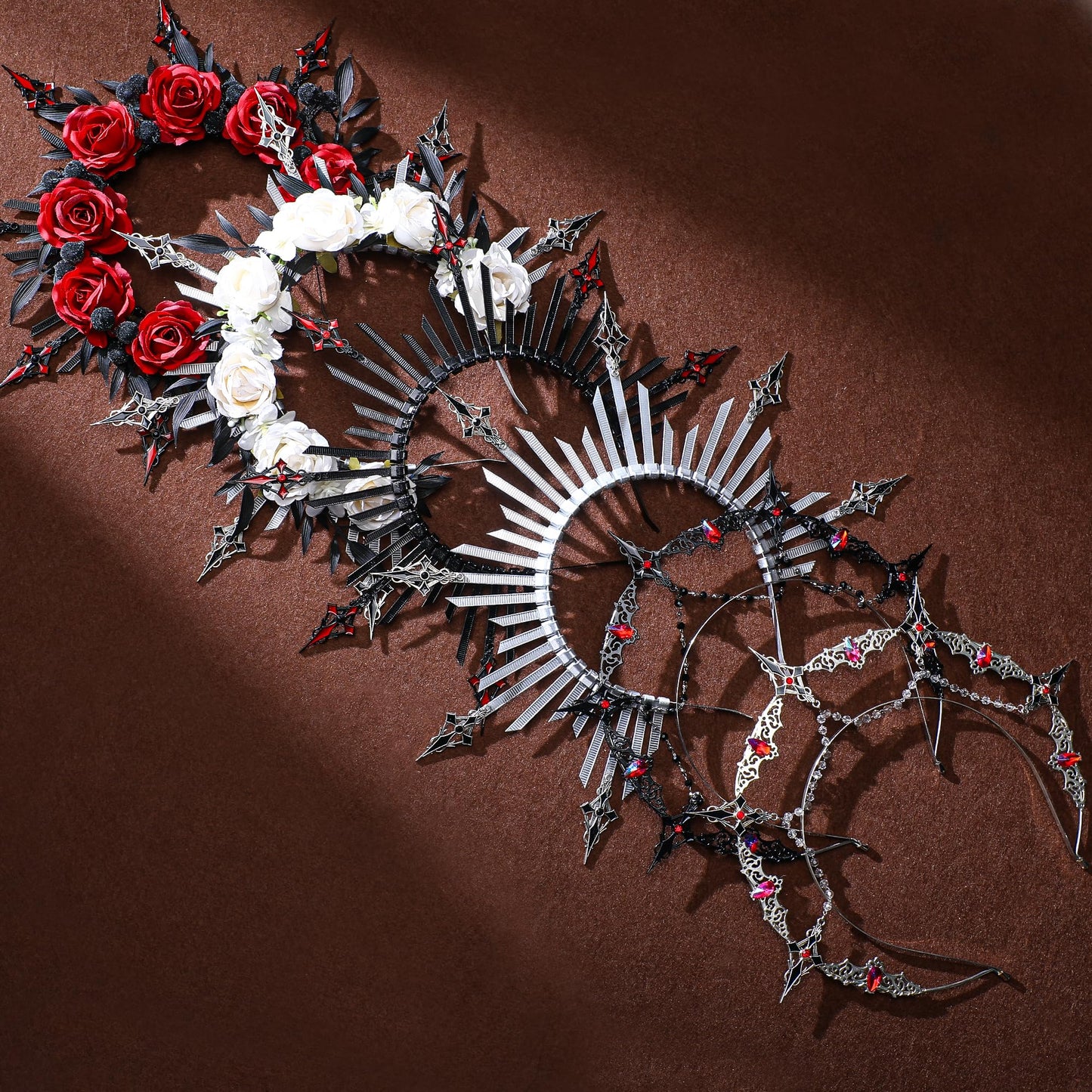 COSUCOS Black Red Rose Headband - Zip Tie Cross Spiked Halo Crown Renfaire Fantasy Floral Headpiece Sunburst Evil Gothic Headband for Women Renaissance Cosplay Costume Halloween Party
