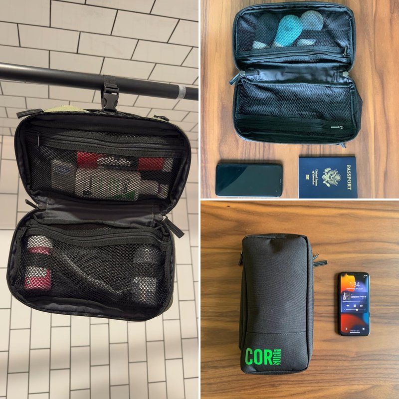 COR Surf Compact Toiletry Travel Bag Hanging, Premium Mens and Women Dopp Kit for Travel | Waterproof with 4 Separate Compartments and Waterproof Zippers (Black)
