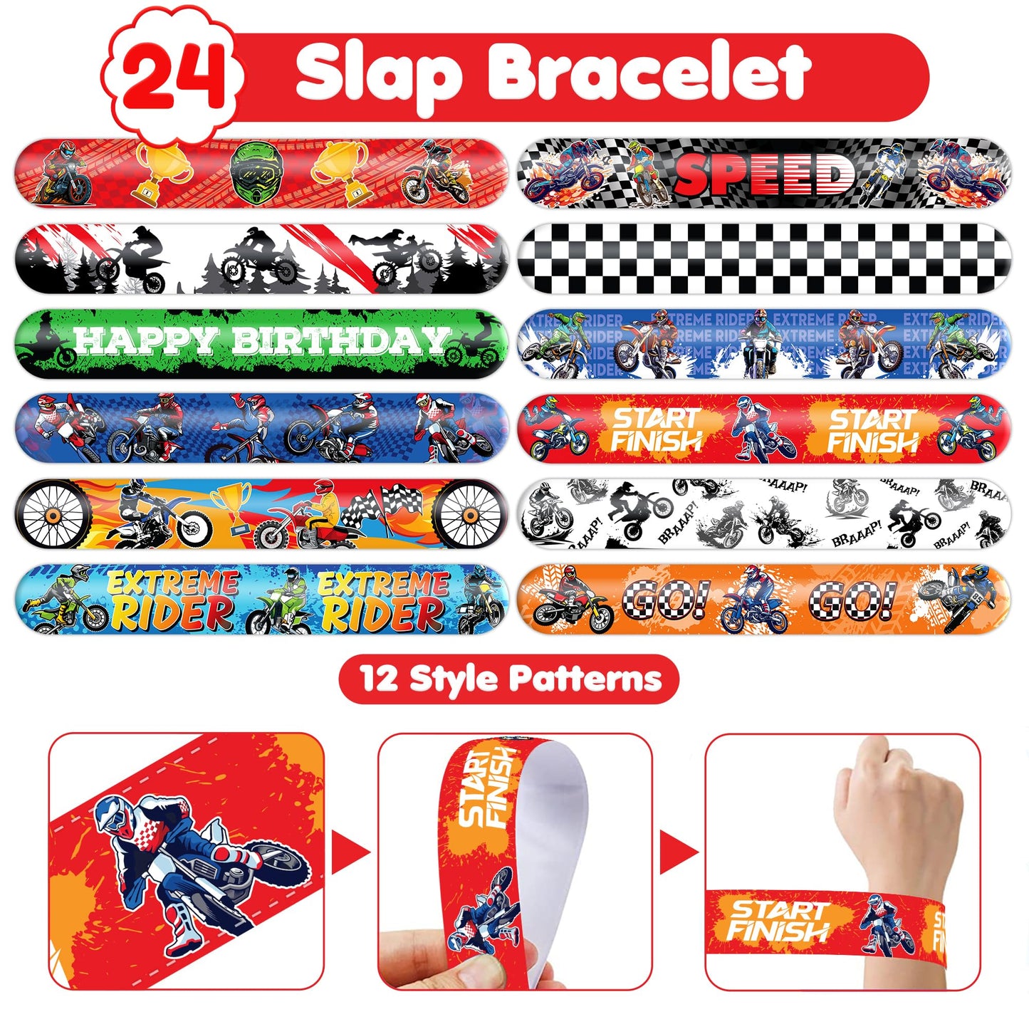 72 PCS Dirt Bike Party Favors - 48 Temporary Pre-Cut Tattoos & 24 Slap Bracelets - Fun Party Favors for Boys & Girls, Birthday Goodie Bag Fillers, Baby Shower Gifts, Classroom Rewards