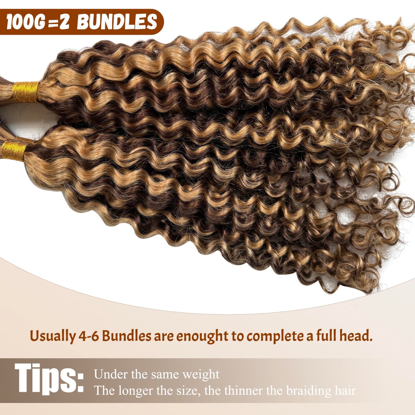 4P27 Human Braiding Hair Ombre Highlight 2 Bundles 100g Bulk for Micro Braiding Wig Wet and Wavy Curly Hair Extensions for Boho Braids Knotless Honey Blonde Deep Water Wave 14 inch