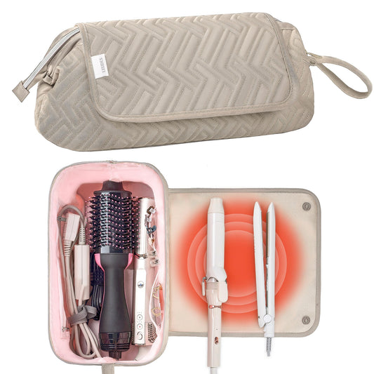 Leudes Hair Tools Travel Bag for Women Heat Resistant Mat for Travel Essentials Hot Tools Straighteners,Flat Irons,Curling Iron,Hot Air Brushes and Hair Dryer Organizer Bags 2 in 1 (Camel)