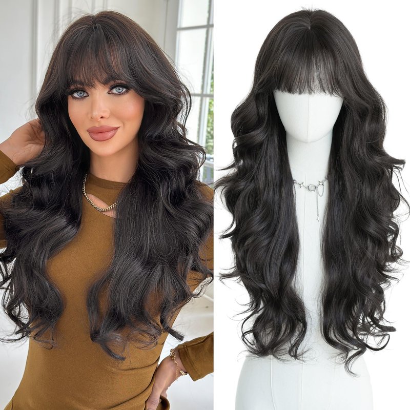 PARK YUN Black Hair Long Wavy Wig With Bangs 30 Inches Sthetic Thick Wig Heat Resistant Ladies Body Wave Wigs For Black Women Natural Looking Daily Party Use