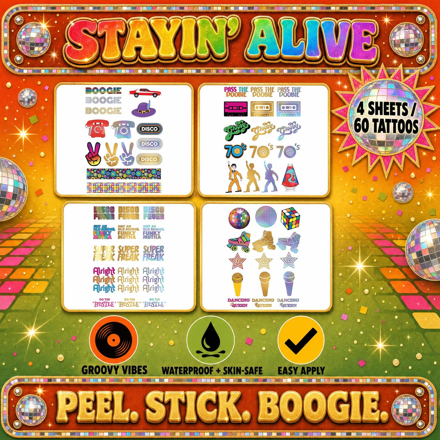 Disco Temporary Tattoo Set - 4 Sheets - 1970s Retro Disco Party Decorations, Favors and Supplies