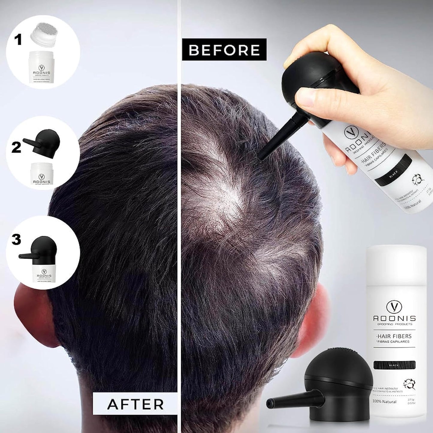 Adonis 5-in-1 Hair Fiber Kit | All-Natural Keratin Fibers, Spray & Applicator for Thinning Hair - Black
