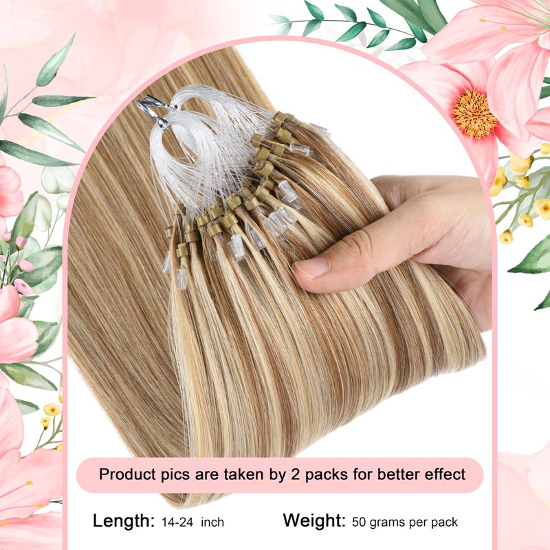 Kpvxxve Micro Ring Hair Extensions Human Hair Micro Loop Human Hair Extensions 1g/Strand 50g Natural Hair Micro Bead Hair Extension (#8/613 Ash Brown Mix Bleach Blonde, 16inch)