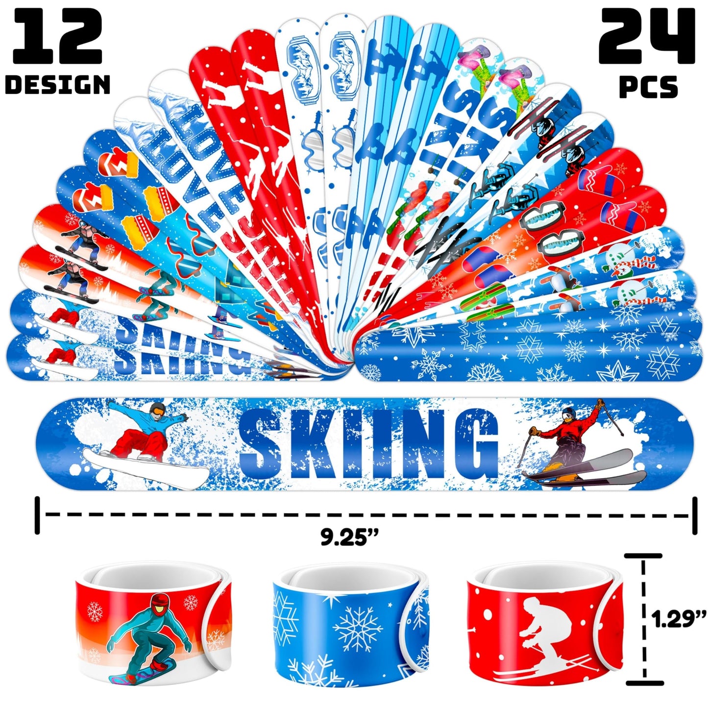 72PCS Skiing Party Set - 48PCS Temporary Tattoos & 24PCS Slap Bracelets - Fun Winter Sports-Themed Birthday Supplies, Baby Shower Gifts, Classroom Rewards & Party Decor for Kids (Boys & Girls)