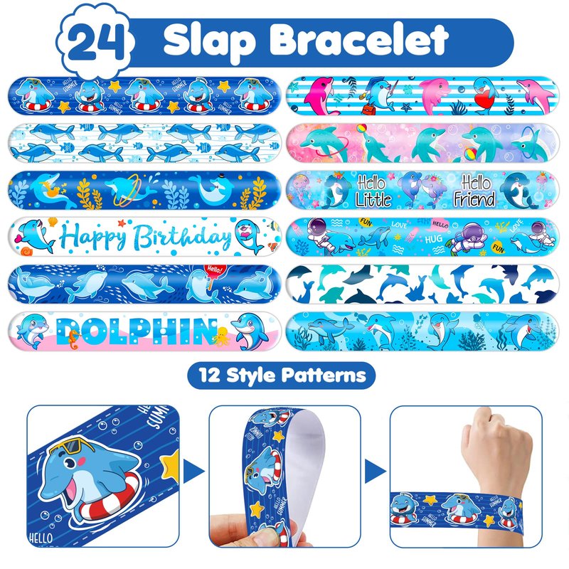 Cherisnowy 72 PCS Dolphin Party Favors - 48 Temporary Pre-Cut Tattoos & 24 Slap Bracelets - Party Favors for Boys & Girls, Birthday Goodie Bag Fillers, Baby Shower Gifts, Classroom Rewards
