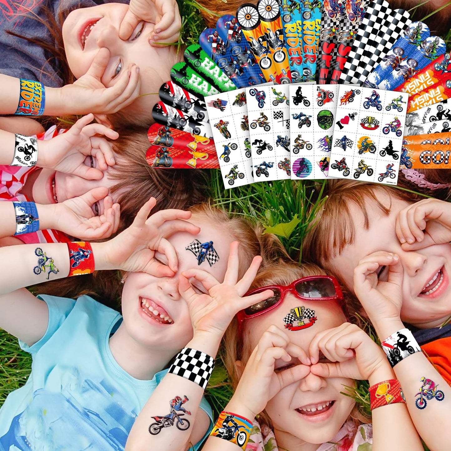 72 PCS Dirt Bike Party Favors - 48 Temporary Pre-Cut Tattoos & 24 Slap Bracelets - Fun Party Favors for Boys & Girls, Birthday Goodie Bag Fillers, Baby Shower Gifts, Classroom Rewards
