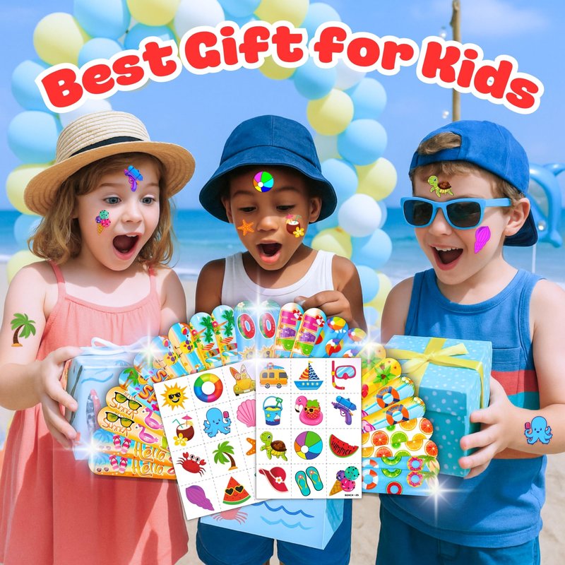 Cherisnowy 48PCS Beach Party Favors – 24PCS Temporary Pre - cut Tattoos & 24PCS Slap Bracelets – Summer & Ocean-Themed Birthday Supplies, Baby Shower Gifts, Classroom Rewards & Party Decor for Kids