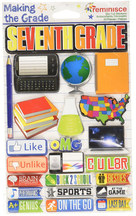 Reminisce Making the Grade 3D Sticker. This package contains one 7.5 inch x 4.5 inch self-adhesive sticker sheet. Sold separately. Made in China.