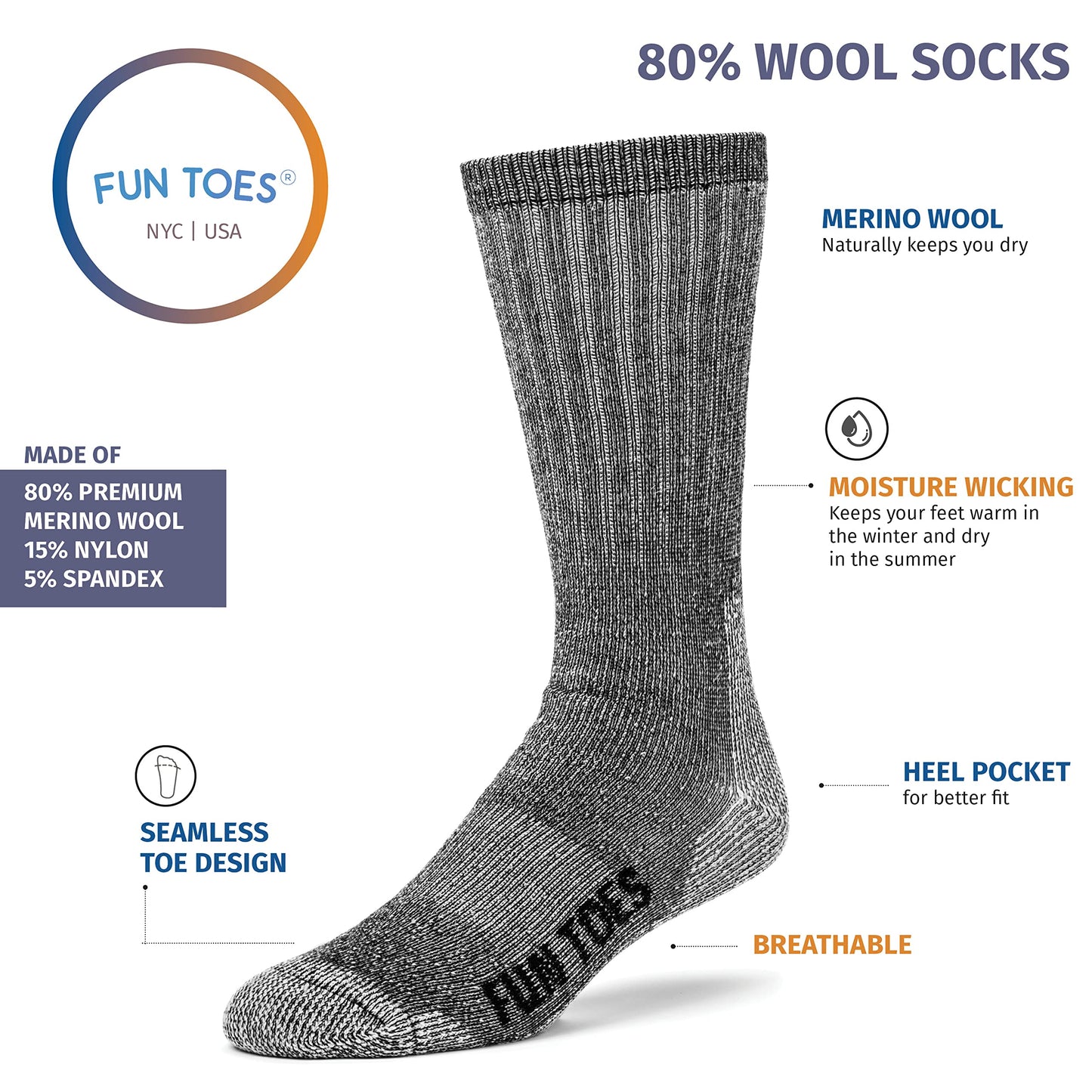 FUN TOES Merino Wool Socks For Men Hiking Boot Thermal Warm Cushioned Crew 6 Pairs (US, Numeric, 8, 12, Regular, Regular, Grey)