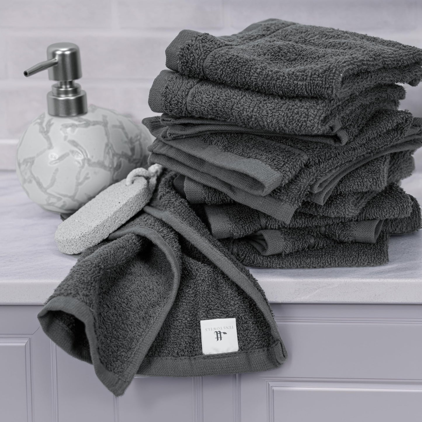 Tens Towels Pack of 24 Washcloths, 12 x 12 Inches, Lighter Weight, Quick to Dry, Super Soft & Absorbent, Gentle Face Towels, Hotel Quality, Perfect for Bathroom, Gym, Spa (Dark Grey, 24 Pack)