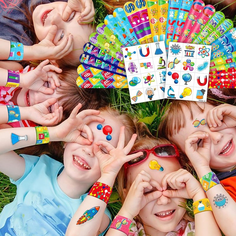 Science Party Favors - 48PCS STEM-Themed Tattoos & Slap Bracelets | Birthday, Baby Shower & Classroom Rewards for Kids