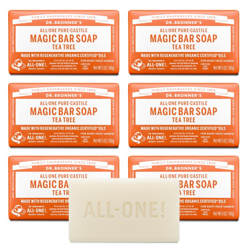 Dr. Bronner's Pure-Castile Magic Bar Soap (Tea Tree, 5 ounce, 6-Pack) - Made with Regenerative Organic Certified Oils, For Face, Body & Hair, Gentle, Vegan, Non-GMO