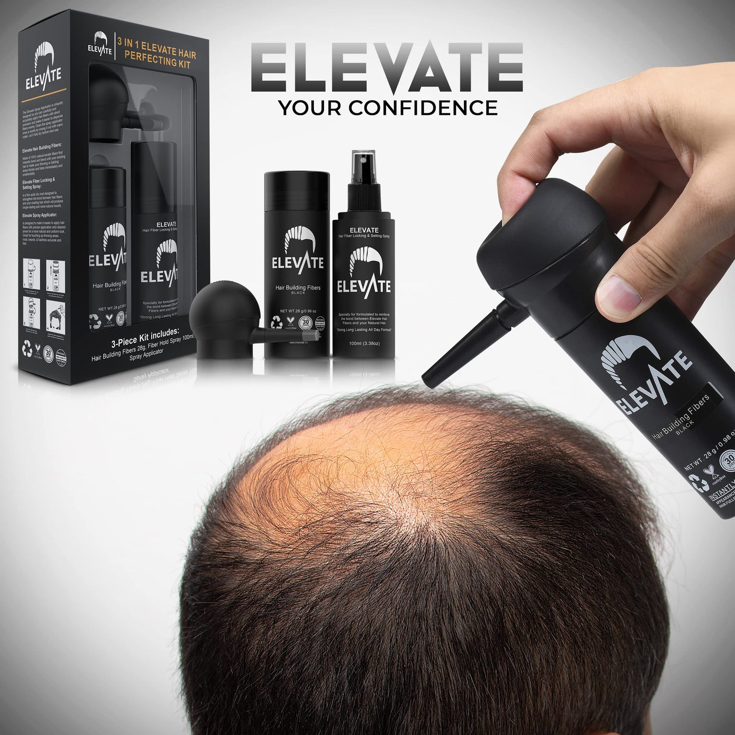 ELEVATE Hair Perfecting 3-in-1 Kit Includes Natural Hair Thickening Fibers & Spray Applicator Pump Nozzle & Locking Setting Hold Spray | Instantly Conceal Balding and Thinning Areas (Black)