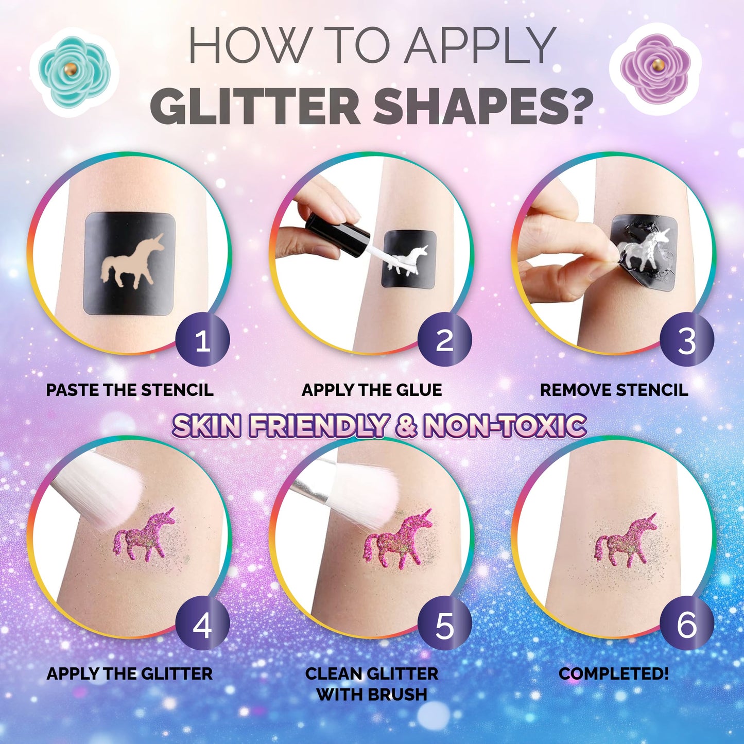 40 Colour - Glitter Tattoos for kids, Glitter tattoo kit, Temporary Tattoos for kids, Face glitter, 200+ Stencils, 40 Colour (10 neon), Rhinestones, Girls birthday present, Face Glitters