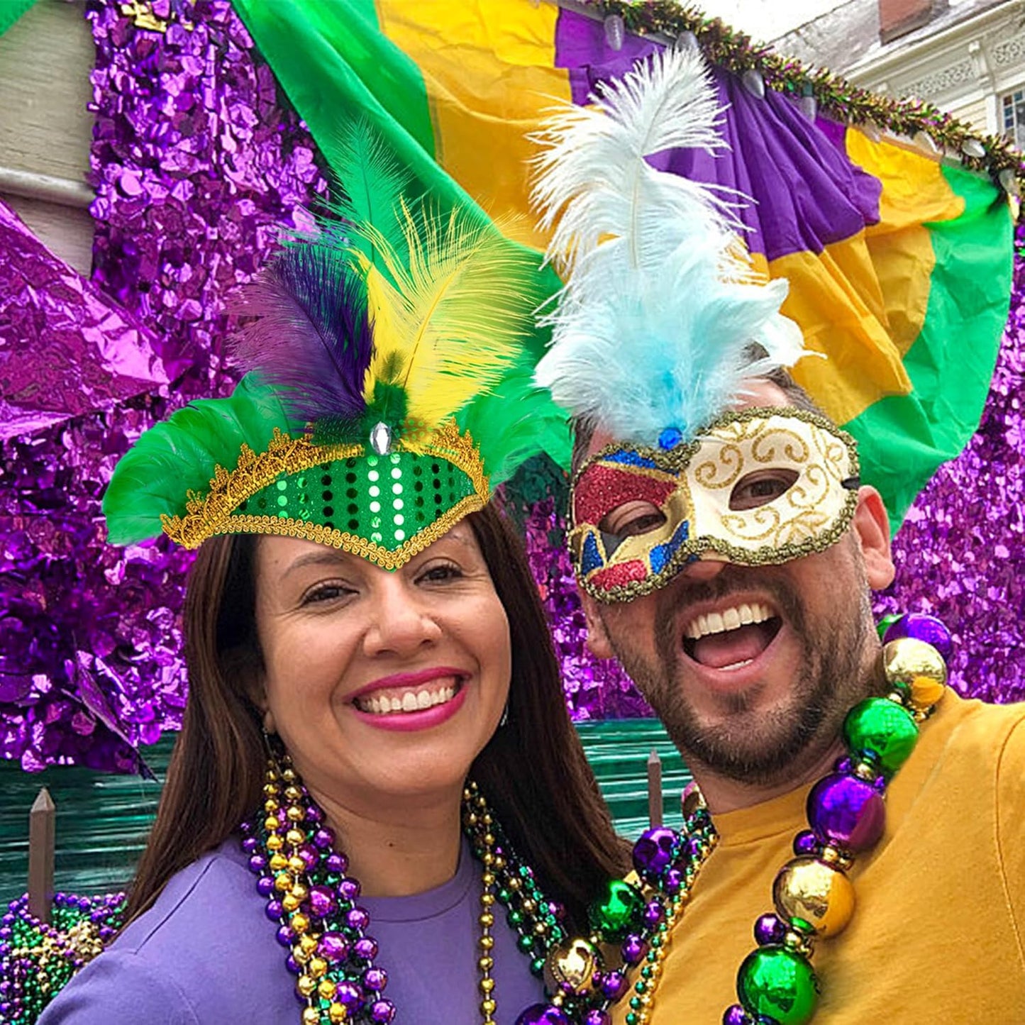 Mardi Gras Feather Headband Set - 8 Pcs Purple, Yellow & Green Masquerade Accessories | Flapper Headdress for Women & Girls