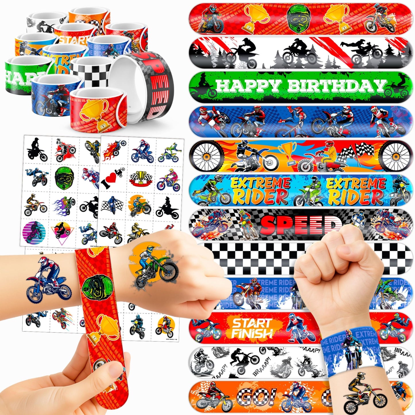 72 PCS Dirt Bike Party Favors - 48 Temporary Pre-Cut Tattoos & 24 Slap Bracelets - Fun Party Favors for Boys & Girls, Birthday Goodie Bag Fillers, Baby Shower Gifts, Classroom Rewards