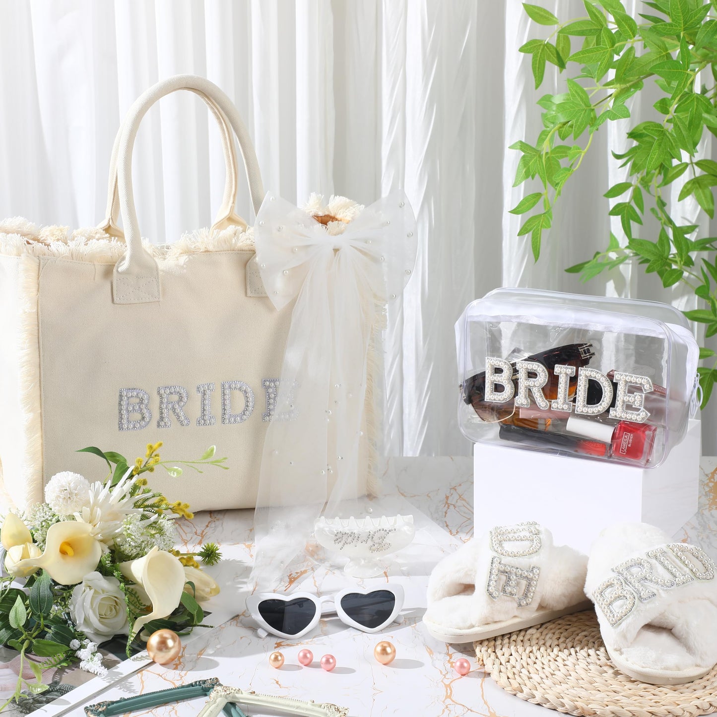 Blosssound 5 Pcs Bride Gifts Set Include Bride Bag Cosmetic Bag Sunglasses Slippers Hair Clip for Bridal Shower Engagement Weddings Bachelorette Party
