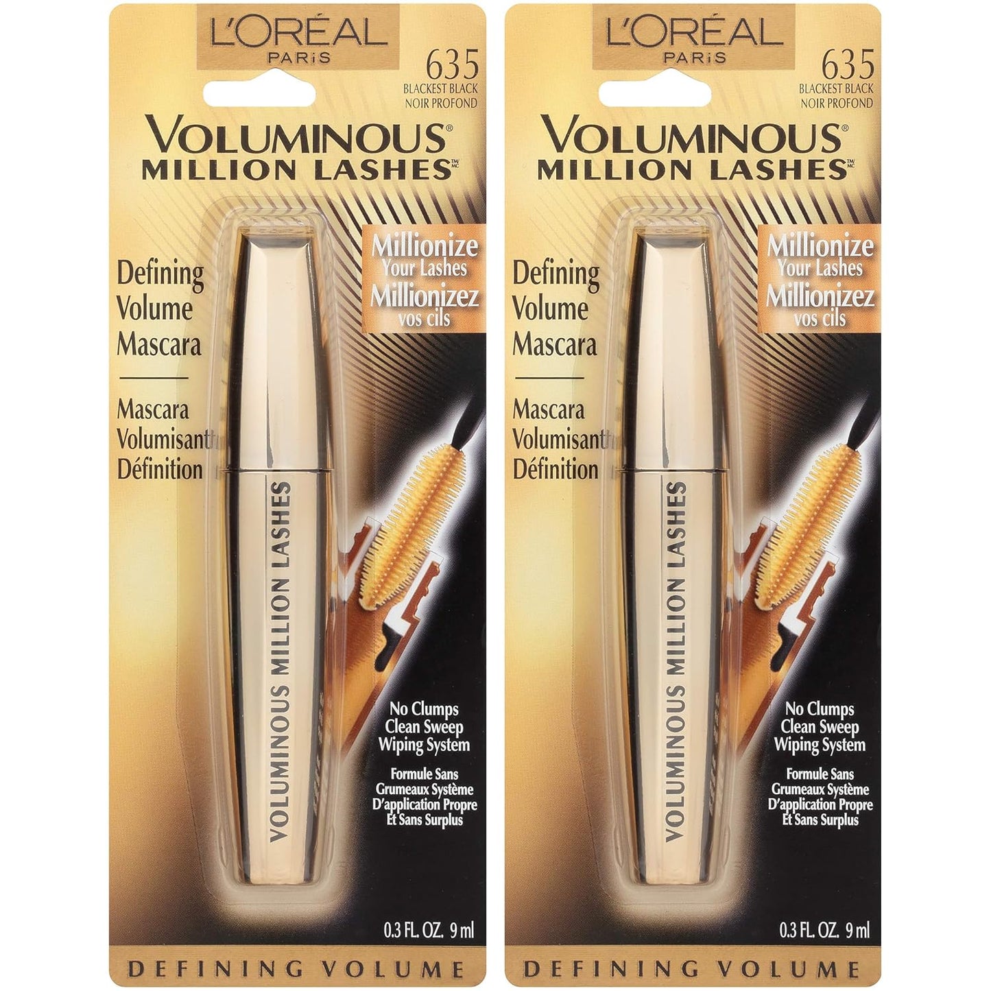 L’Oreal Paris Voluminous Million Lashes Mascara - Collagen Infused, Amplifying Brush, Blackest Black | 0.3 Fl Oz, 2 Count