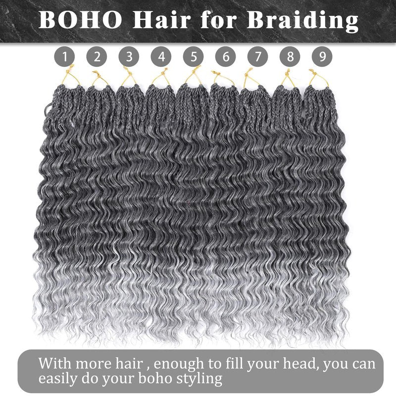9 Packs Ocean Wave Crochet Hair Boho for Braiding 18 Inch Hair Extensions Hawaii Short Wavy Crochet Braids Pre Looped for Black Women Curly Synthetic TGray
