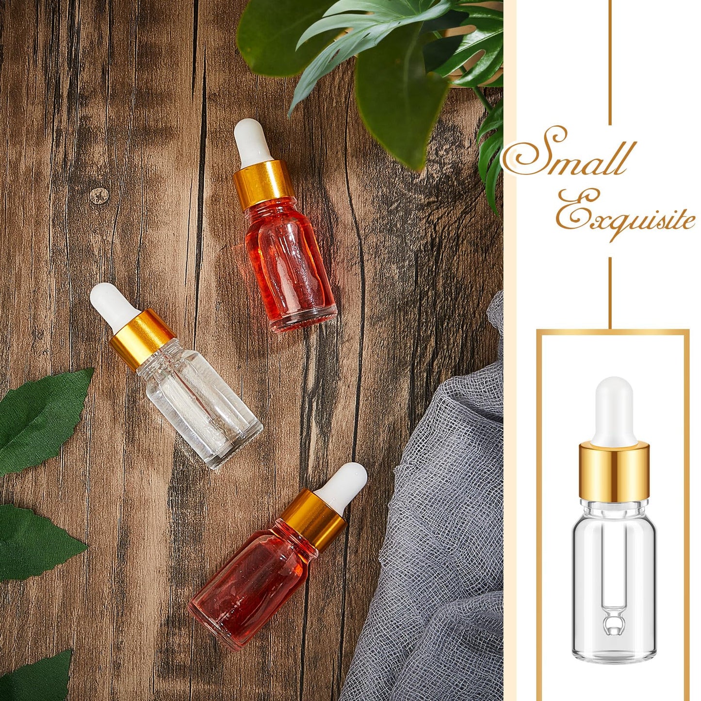 Didaey 100 Pcs 1/2/3/5/10/15 ml Mini Glass Oil Dropper Bottle Bulk, Clear Essential Small Empty Bottles Sample Containers Perfume Liquid Vials with Cap for Traveling (10 ml,Champagne Gold)