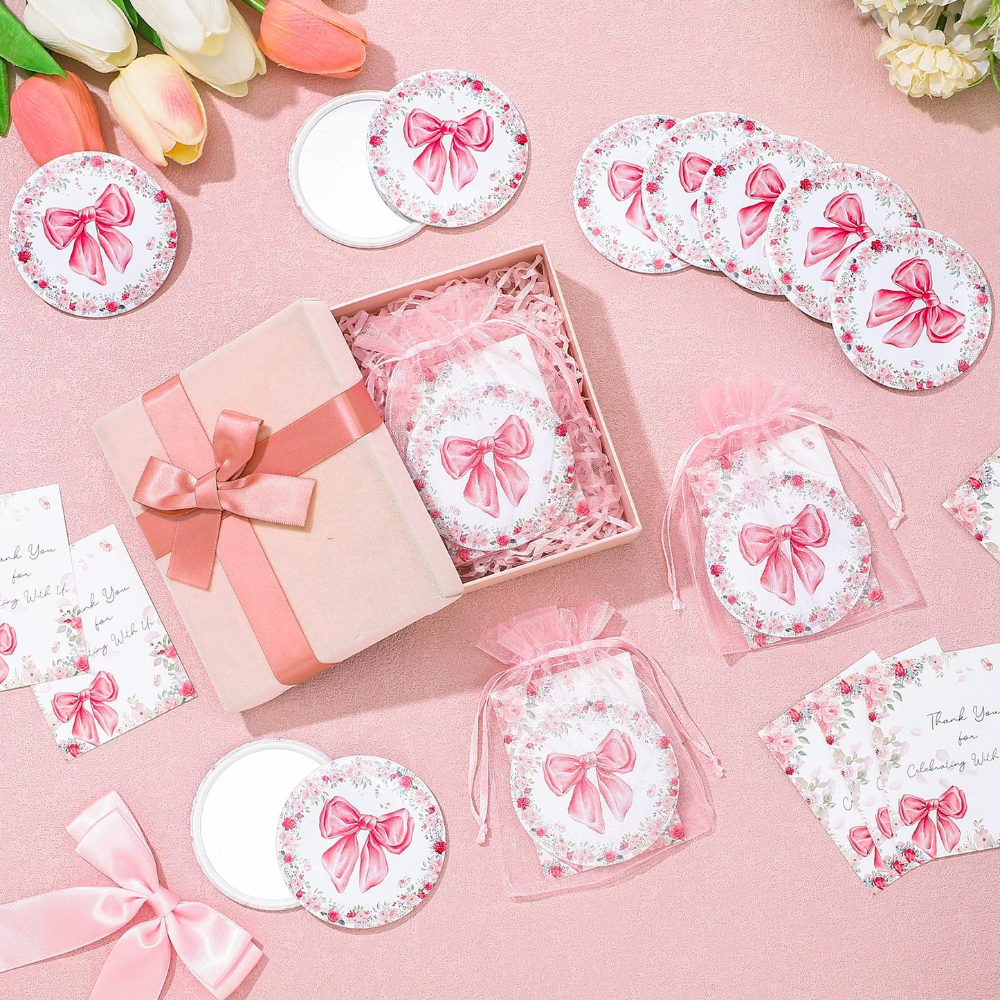 Namalu 48 Sets Coquette Pink Bow Party Favors Compact Mirror Bulk Pink Bow Gift Bag and Thank You Cards Bags for Baby Shower Bridal Wedding Guest Appreciation Gifts Gender Reveal