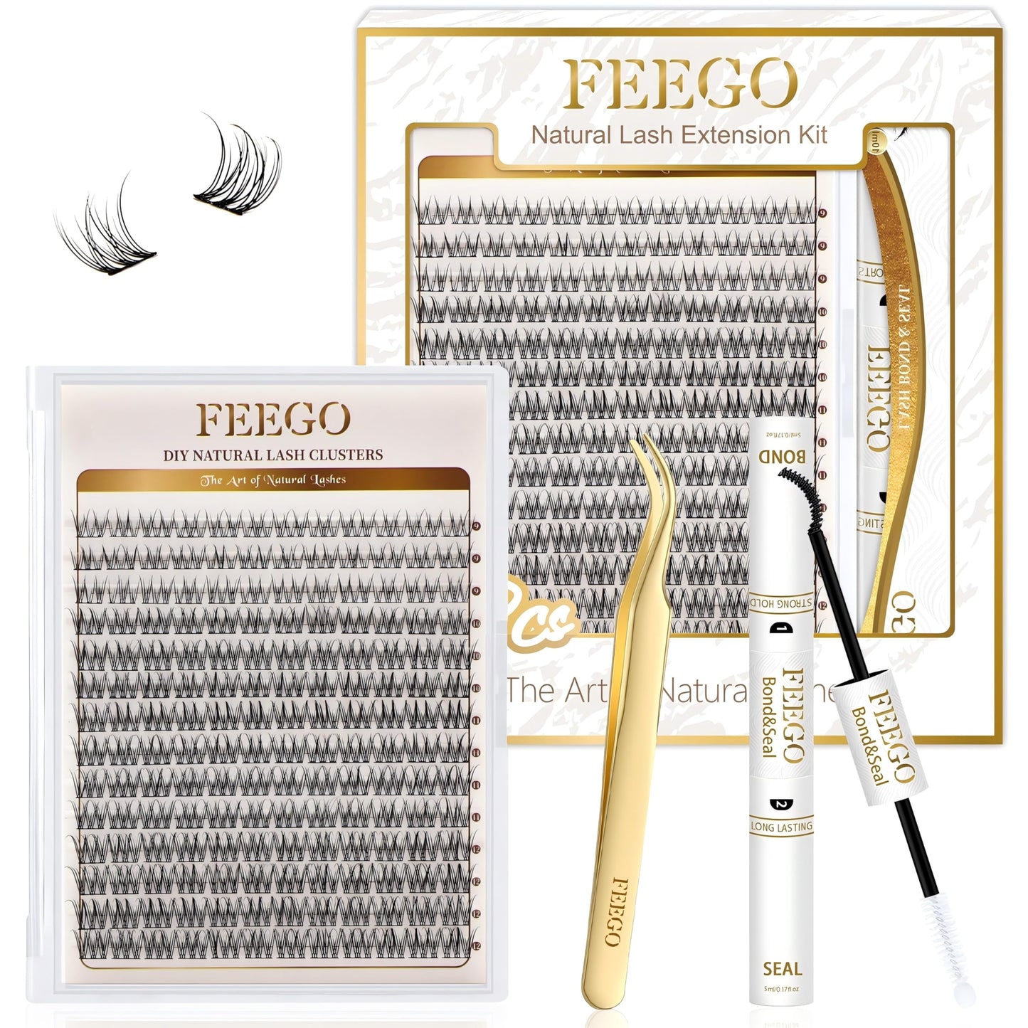 FEEGO Natural Lash Extension Kit 168Pcs Lash Clusters Kit Wispy Eyelash Extensions Individual Lashes Extensions with Bond and Seal Lash Glue and Eyelash Extension Tweezers DIY (9-12 MM)